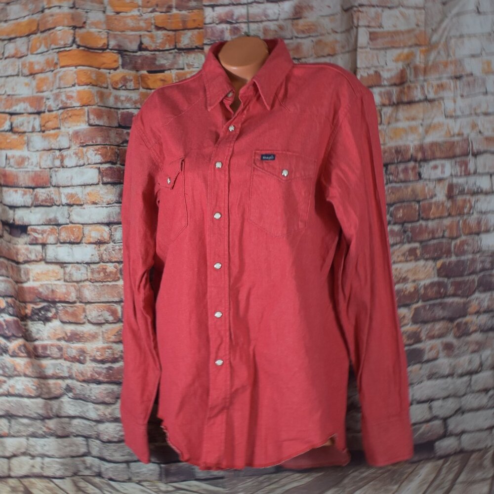 Wrangler Western Shirt 17 1/2 x36 Red Denim Snap Front Distressed Peal Snap Vtg